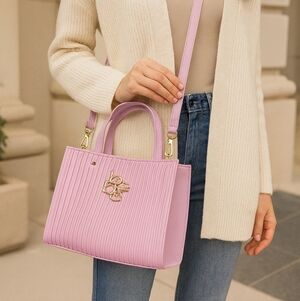 Bebe Pink Pleated Satchel Handbag Gold Logo Top Handle Crossbody NWT 9.5X7.5X3.5